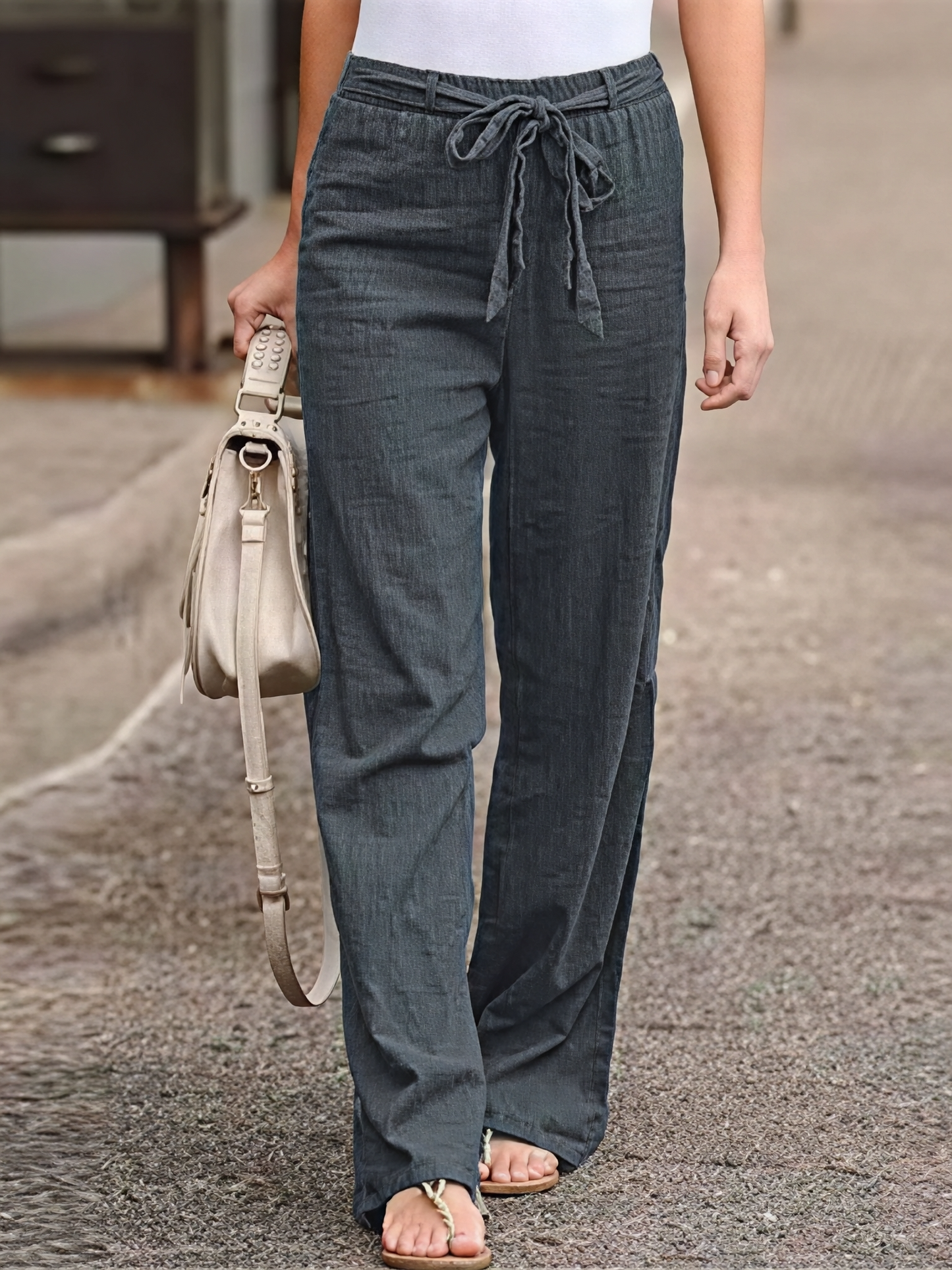 Women's Pants with Tied Belt